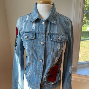 Elan Denim Jacket with Embroidered Floral Embellishments Size S